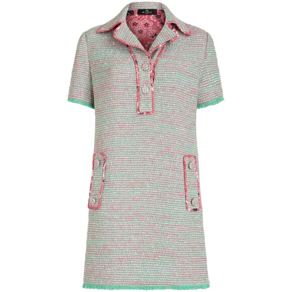 Etro Collared Shirt Dress in Green Pink 38 New Womens Tweed Boucle Mini - Picture 11 of 16